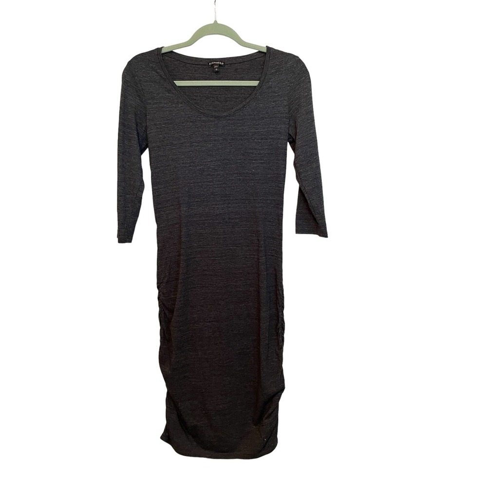 Express Women's Small Gray Full Length Ruched Scoop Neck 3/4‎ Sleeve Dress